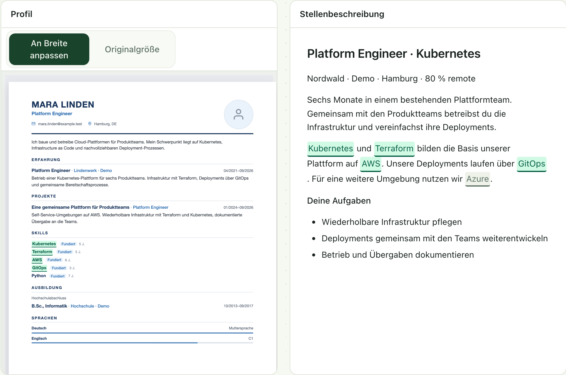 Direktvergleich von Mara Lindens Lebenslauf und einer Platform-Engineer-Stelle mit markierten Skills in beiden Dokumenten.